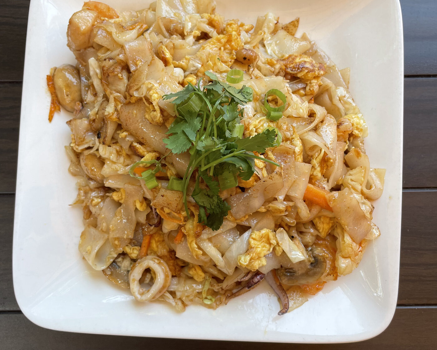 Kut Kyee Kaik — Burmese chow fun with rice noodles, shrimp, squid, and egg