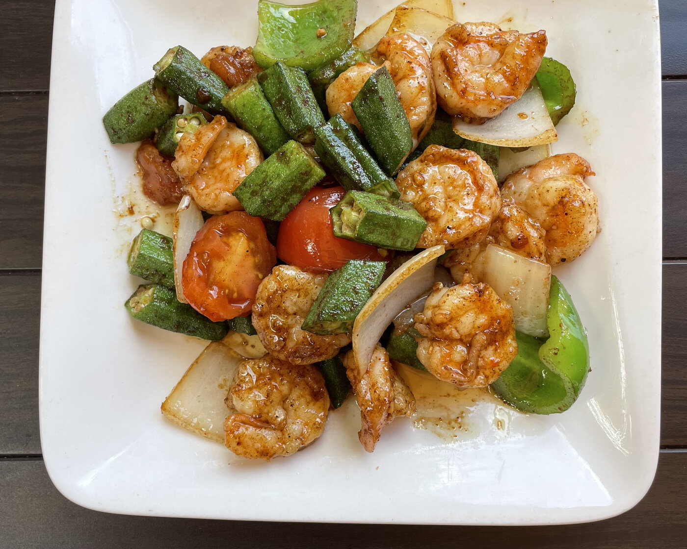 Okra Shrimp with tomato, bell pepper, and onion in a spicy sauce