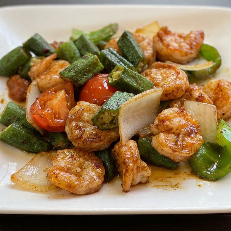 Grilled shrimp and vegetables, including okra, tomatoes, onions, and green peppers, served on a white square plate.