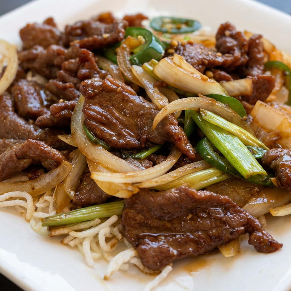 Sautéed beef with onions and green onions served over crispy noodles on a white plate.
