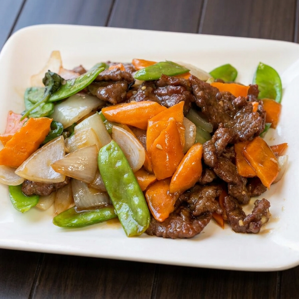 Stir-fried beef with carrots, onions, and snow peas served on a white plate atop a dark wooden table.