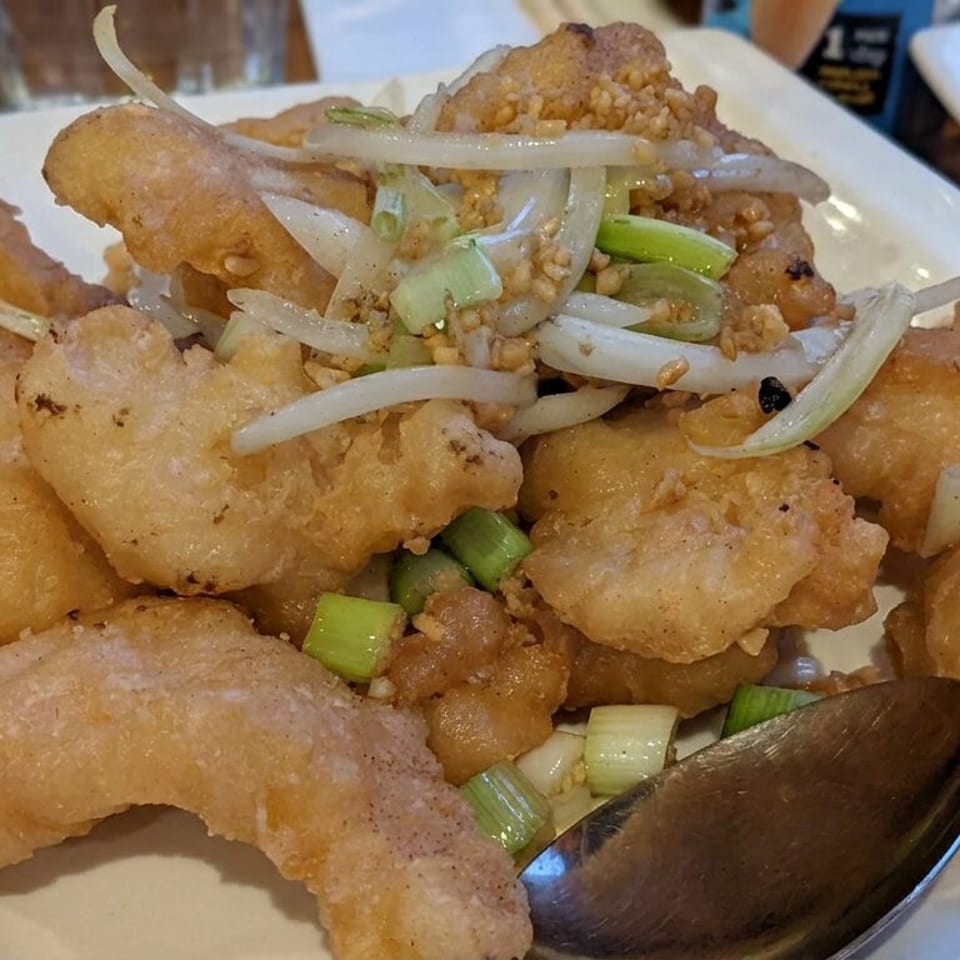 Plate of golden fried pieces topped with sliced onions, green onions, and crunchy garnish, served with a spoon.