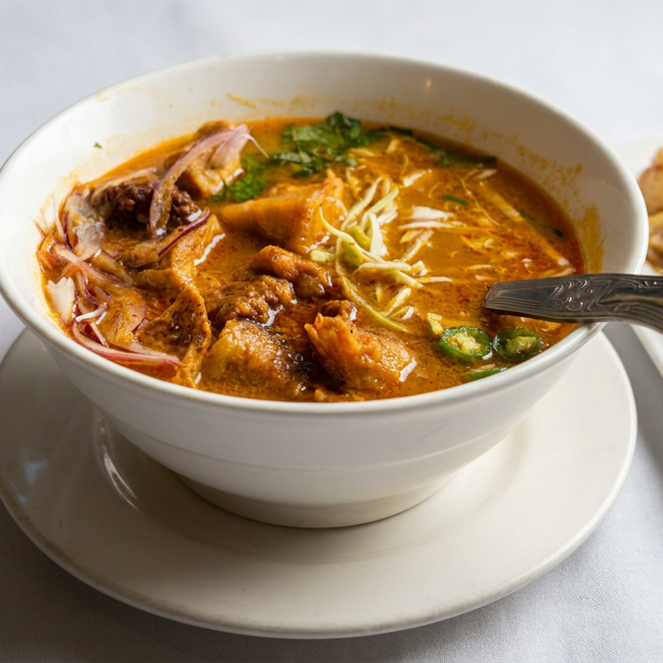 Bowl of rich orange curry soup garnished with herbs, chilies, and shredded vegetables beside a plate of stir-fried seafood.