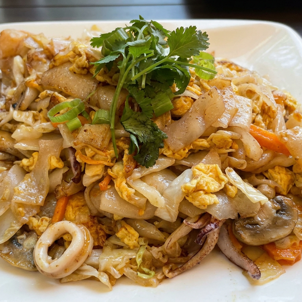 Stir-fried wide rice noodles with egg, squid, mushrooms, vegetables, and cilantro on a white plate.