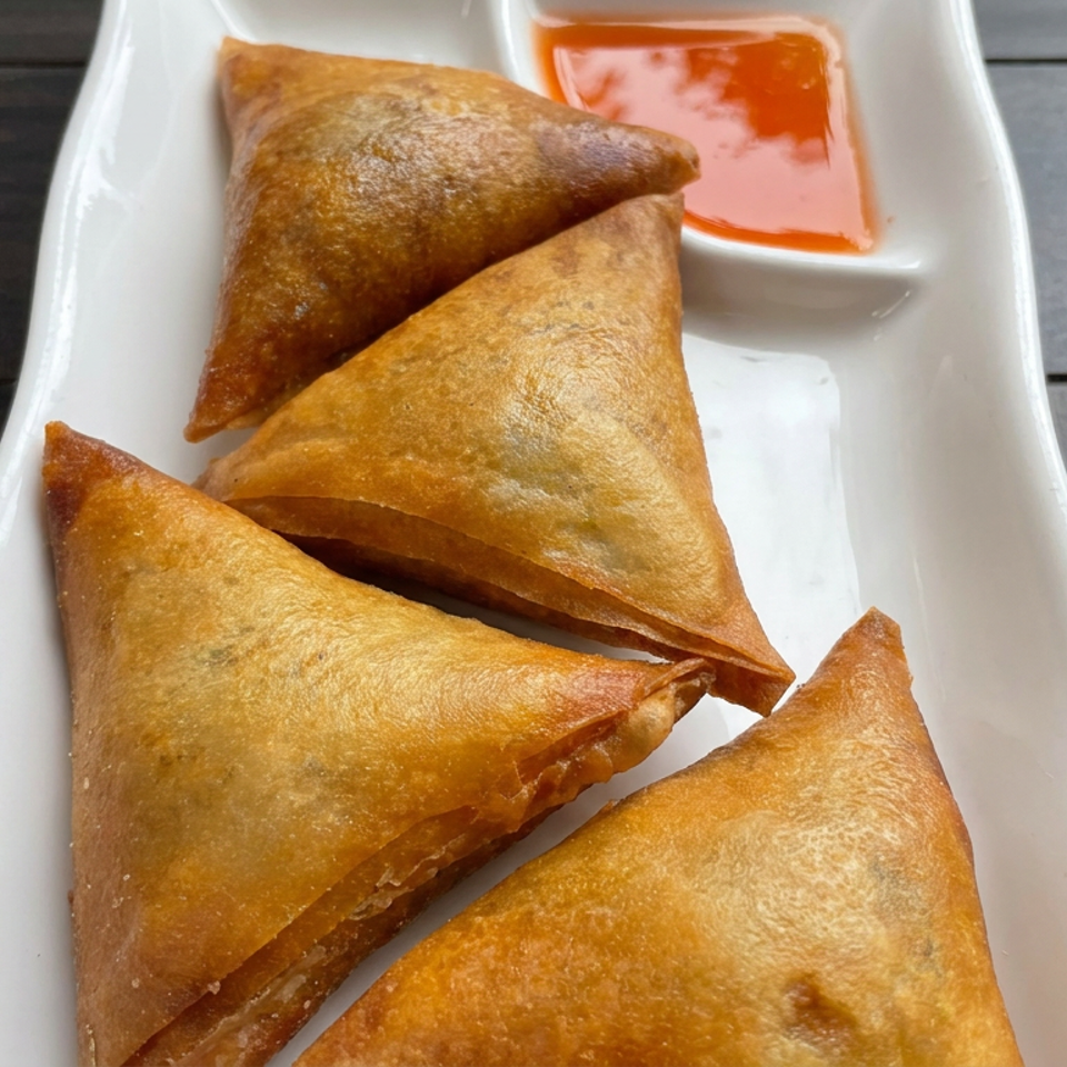 Four golden fried samosas arranged on a white rectangular plate with a small dish of red dipping sauce.