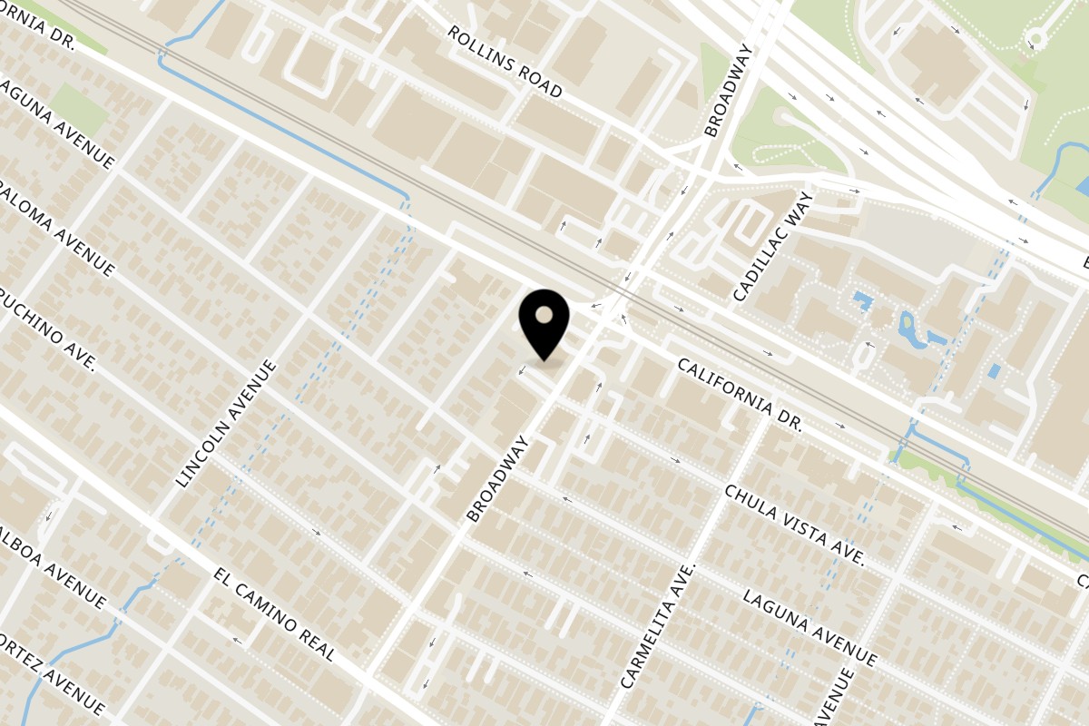 Map showing the location of Yangon on 1136 Broadway in Burlingame